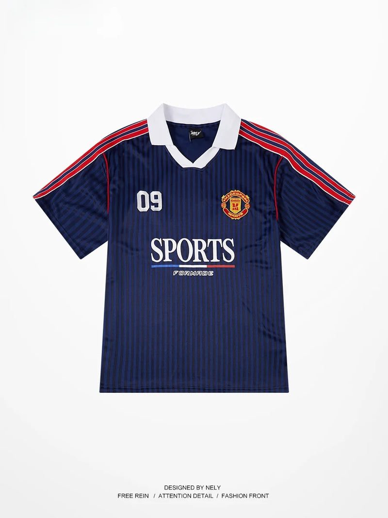 American Sports  Shirt Unisex Color Block Collar Short Sleeve T-Shirt Trendy Design Loose Football Top Breathable Summer ...